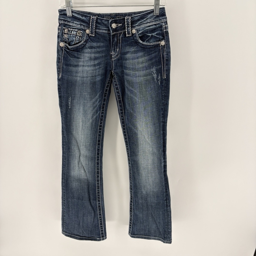Miss Me Jeans Women 26 Low‎ Rise Bootcut Thick White Stitch Rhinestone Cross Y2K